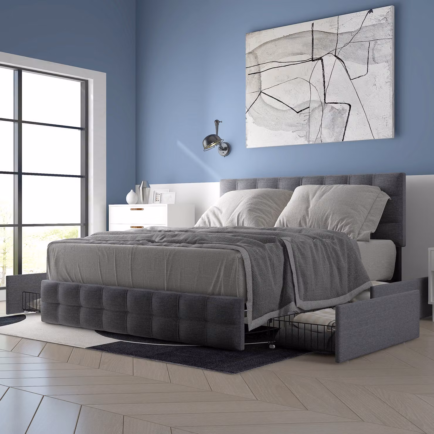 Letto imbottito Flieks 140x200cm con cassetti e rete a doghe, letto contenitore letto funzionale letto in legno letto matrimoniale, materiale lino, grigio