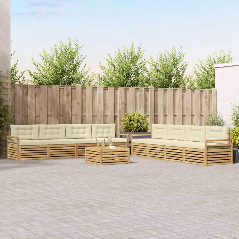 Set di divani da esterno vidaXL a forma di U composto da 9 pezzi in legno di acacia con cuscini, colore bianco e beige