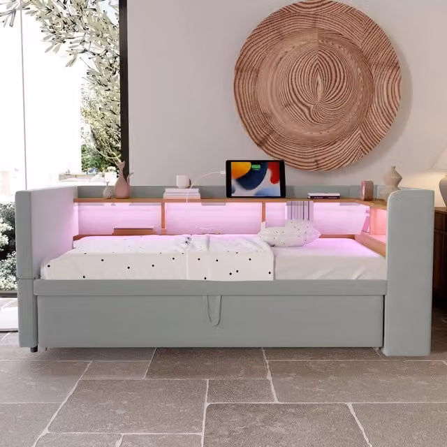 Divano letto estraibile REDOM in tessuto grigio con illuminazione LED e ricarica USB, L/P/H: 90 x 190 cm