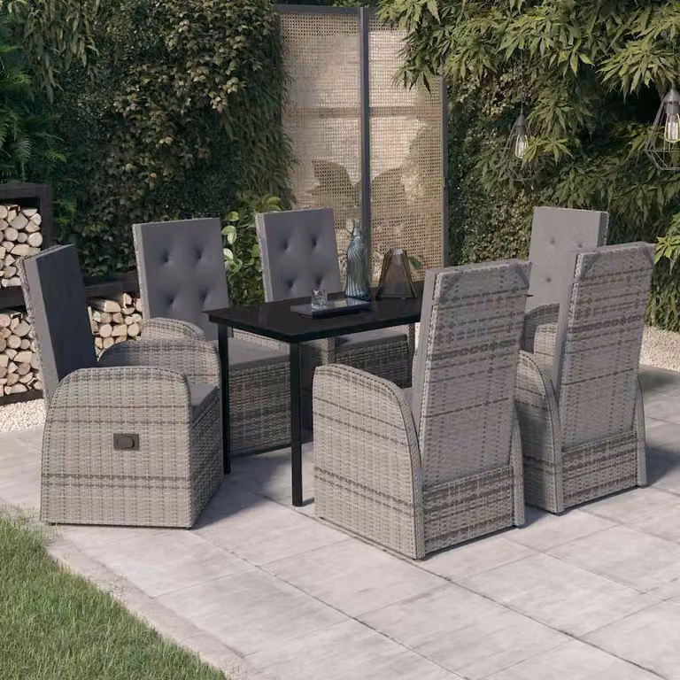 Set da pranzo da giardino vidaXL in polyrattan con tavolo rettangolare in vetro e 7 sedie con cuscini, Grigio e Nero