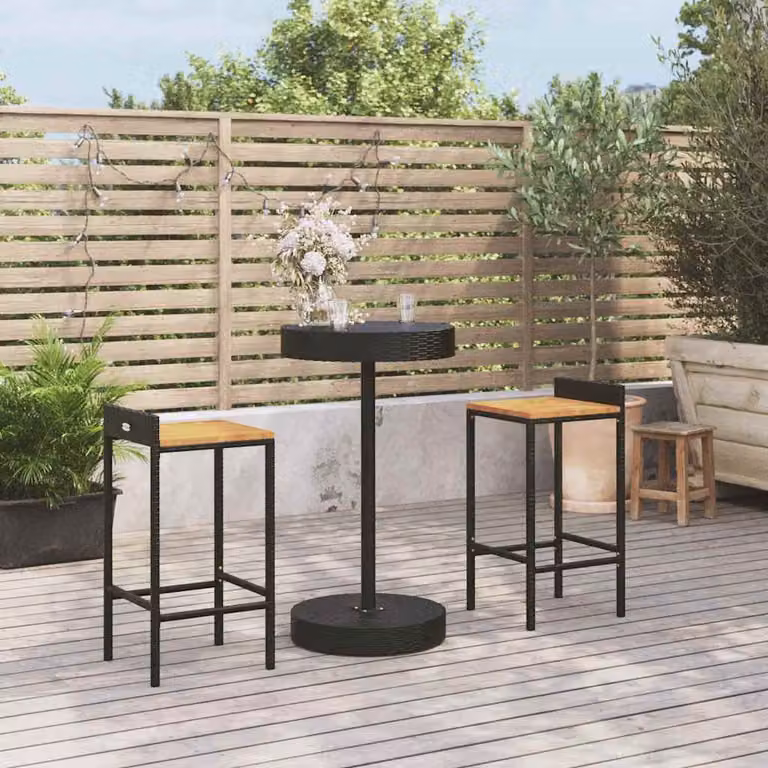 Set Bar da Giardino vidaXL 3 Pezzi Nero in Polyrattan e Legno di Acacia