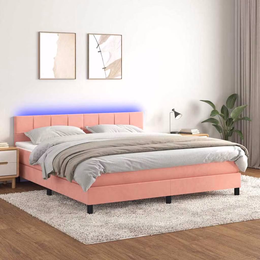 Letto a Molle con Materasso e LED vidaXL in Velluto Rosa, L/P/H: 160 x 200 x 203 cm – 1