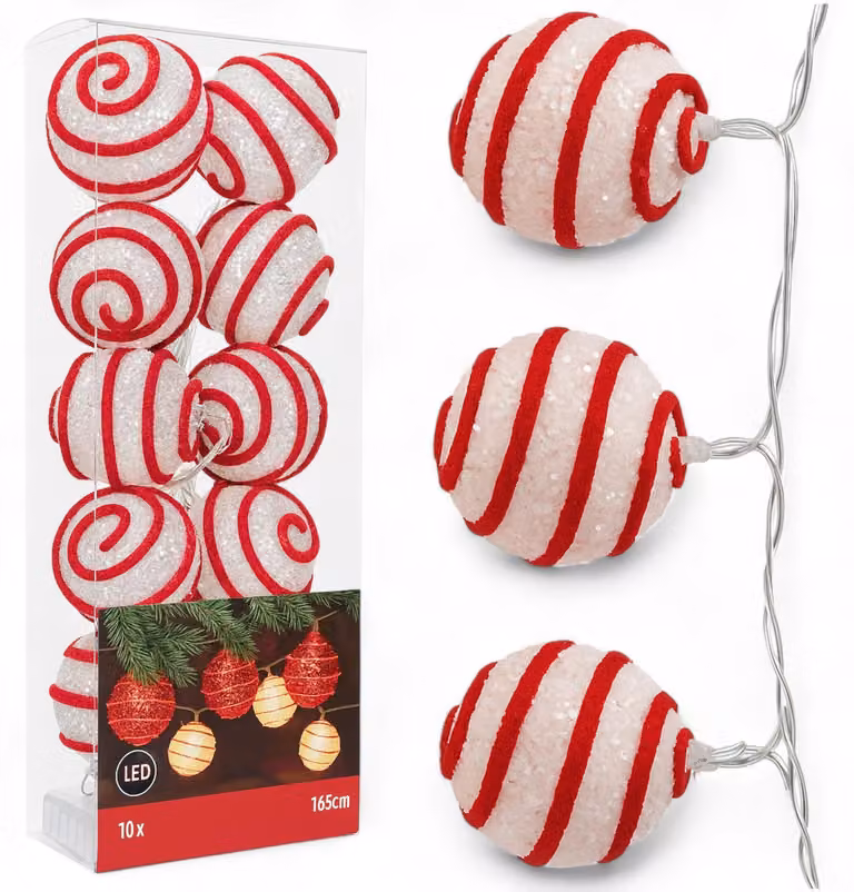 Catena luminosa a LED con 10 sfere, diametro 5 cm, alimentata a batteria, spirale bianca/rossa, da interno