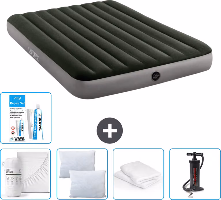 Letto gonfiabile Intex - 2 persone - 152 x 203 x 25 cm - verde - lenzuolo incluso - bacio - pompa - set di riparazione e protezione per cuscini