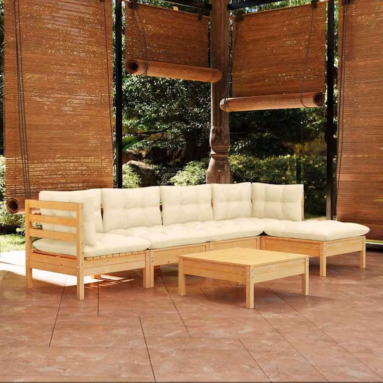 Set Salotto da Giardino vidaXL 6 pz in Legno di Pino con Cuscini Beige e Design Moderno a L