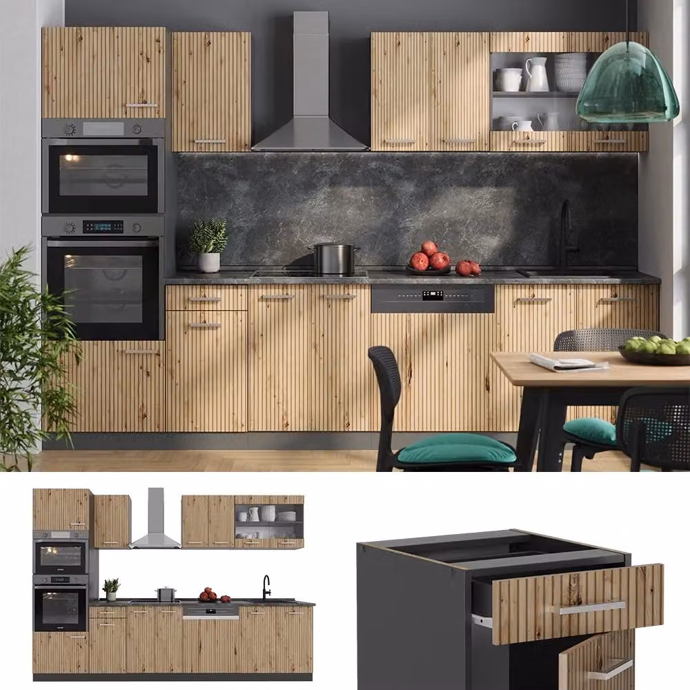 Cucina componibile moderna Vicco R-Line Rovere e Antracite con armadio alto, L: 300 cm – 2