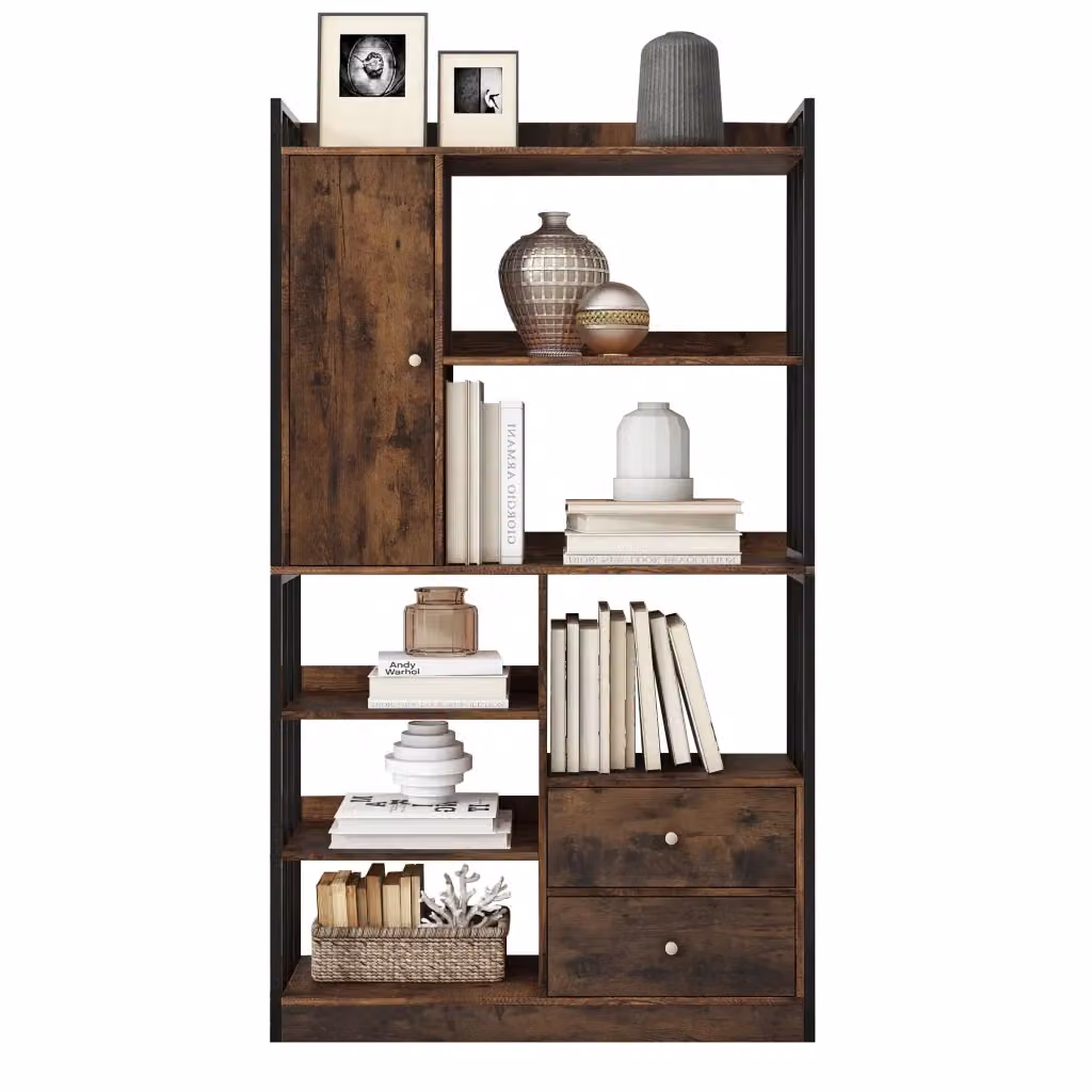 Libreria industriale Minimal con ante e cassetti in rovere e metallo, colore marrone e nero, L 80 x P 30 x H 180 cm – 2