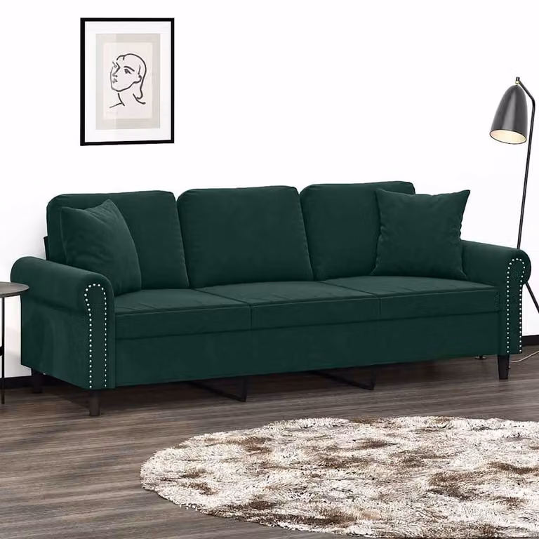 vidaXL Divano a 3 Posti Moderno in Velluto Verde con Cuscini e Struttura in Metallo L: 212 cm, P: 80 cm, H: 77 cm