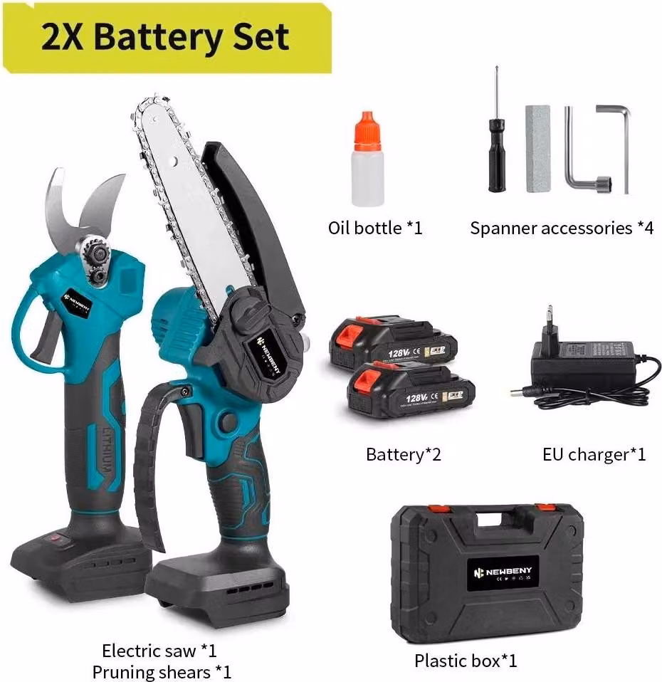 Mini motosega e troncarami - Set 15,2 cm + 30 mm - 2 batterie - 18 V - Motore brushless - Senza fili - Spina UE - Arancione