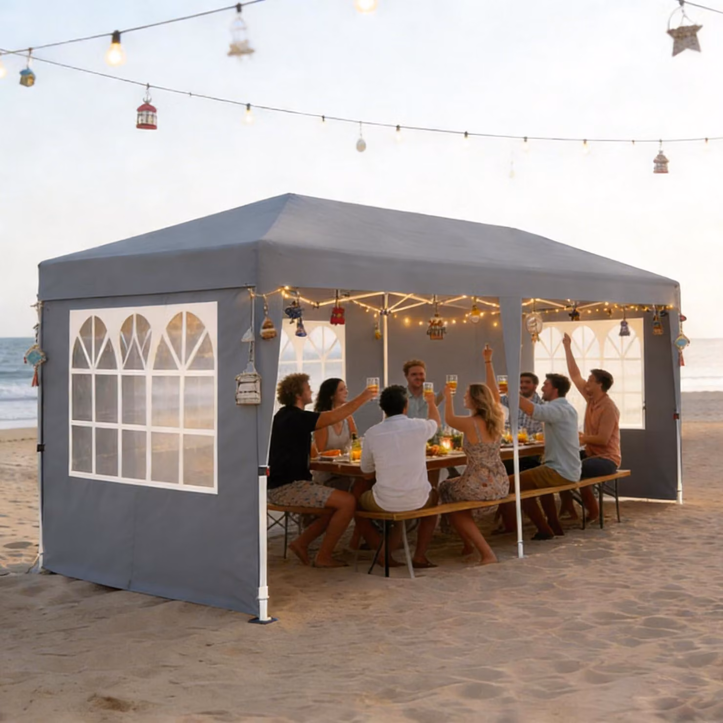 Gazebo da esterno 3x6 metri, grigio, impermeabile, con protezione solare, 6 pannelli laterali, struttura in acciaio Oxford, altezza regolabile
