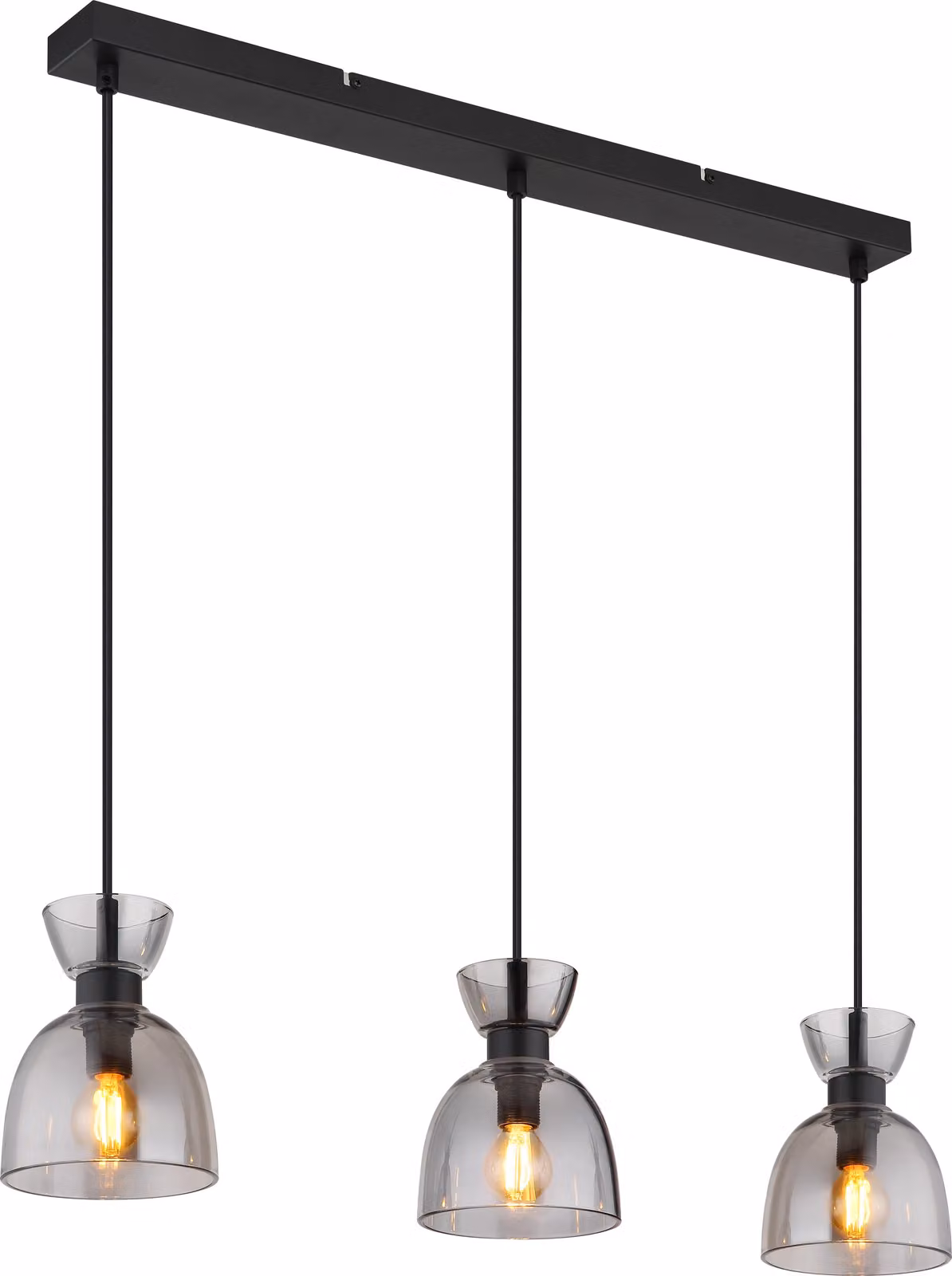 Lampada a sospensione Globo Lighting, struttura in metallo nero opaco, vetro fumé, cavo in PVC nero, altezza regolabile, dimensioni: 650x130x1200 mm, esclusa lampadina: 3 x E14, 40W, 230V