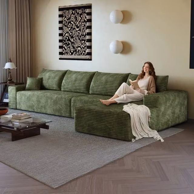 Divano angolare modulare 340x175x83 cm; divano moderno con chaise longue a L; seduta profonda; fornito senza montaggio; velluto a coste; verde