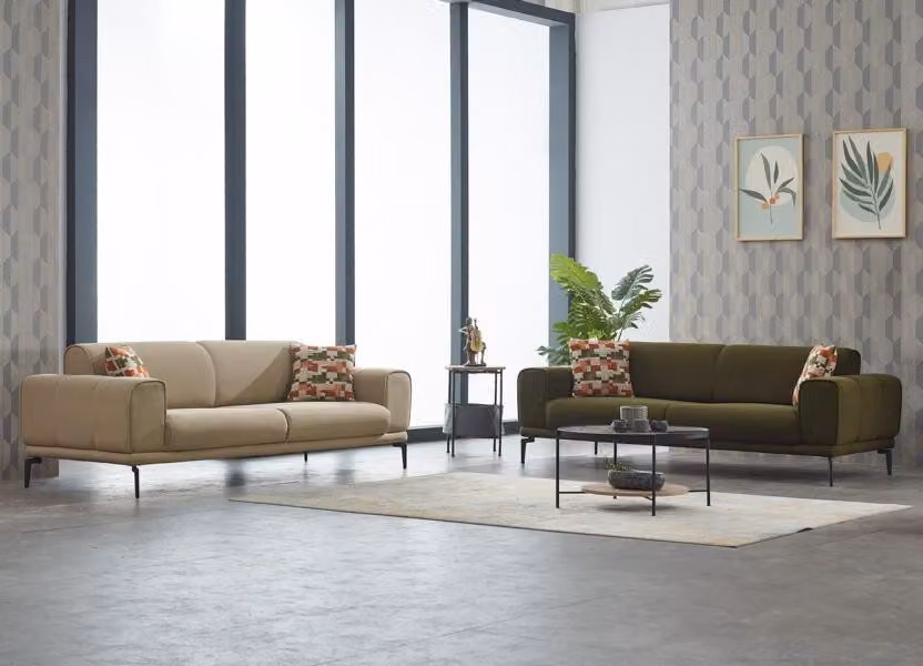 Couchgarnitur Polstersofa Dreisitzer Grün Couch Beige Stoffsofa 2tlg