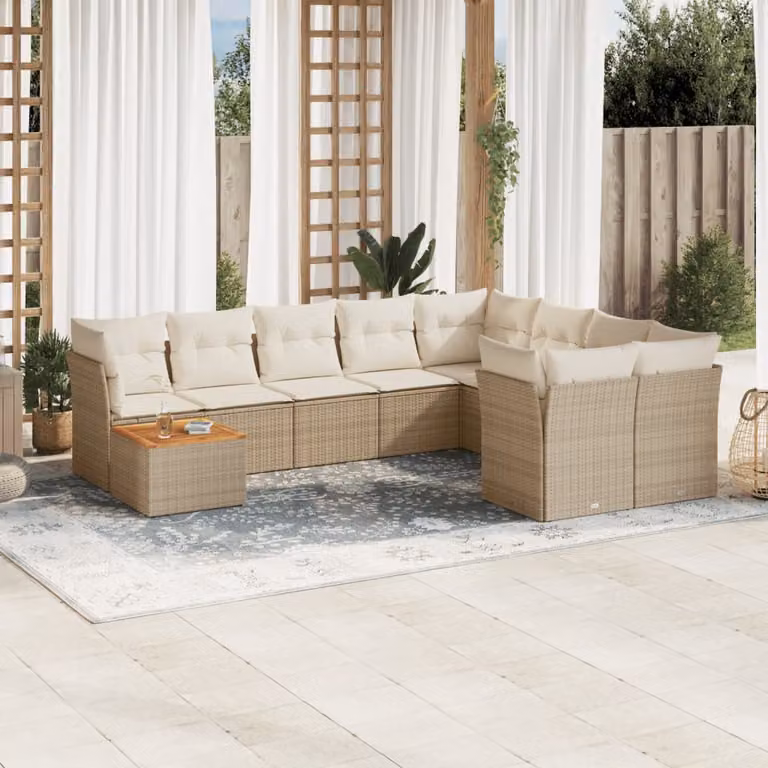vidaXL Set Divano da Giardino a L 10 pz con Cuscini Beige e Tavolino da Esterno in Polyrattan e Acciaio