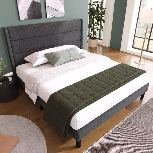 Letto matrimoniale imbottito OKWISH in lino grigio, L/P/H: 140 x 200 x 111 cm