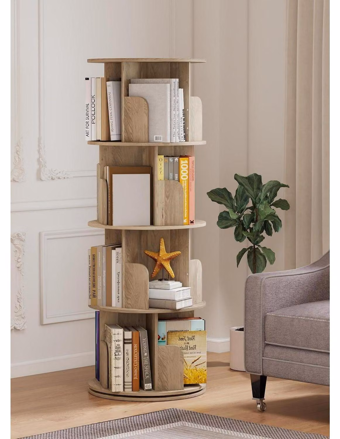 Libreria girevole in legno di quercia, 4 ripiani, angolare, da pavimento, dimensioni 46x46x165,5 cm