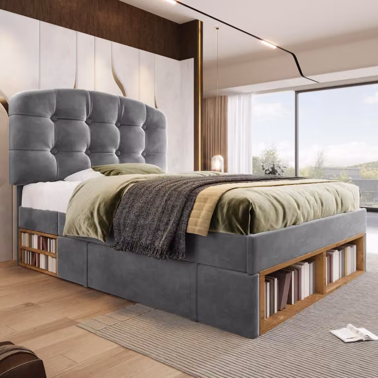 Letto per ragazzi MODFU imbottito 90x200 con cassetti e vano portaoggetti aperto; letto singolo funzionale con testiera curva regolabile in altezza; letto da camera da letto con materasso, grigio