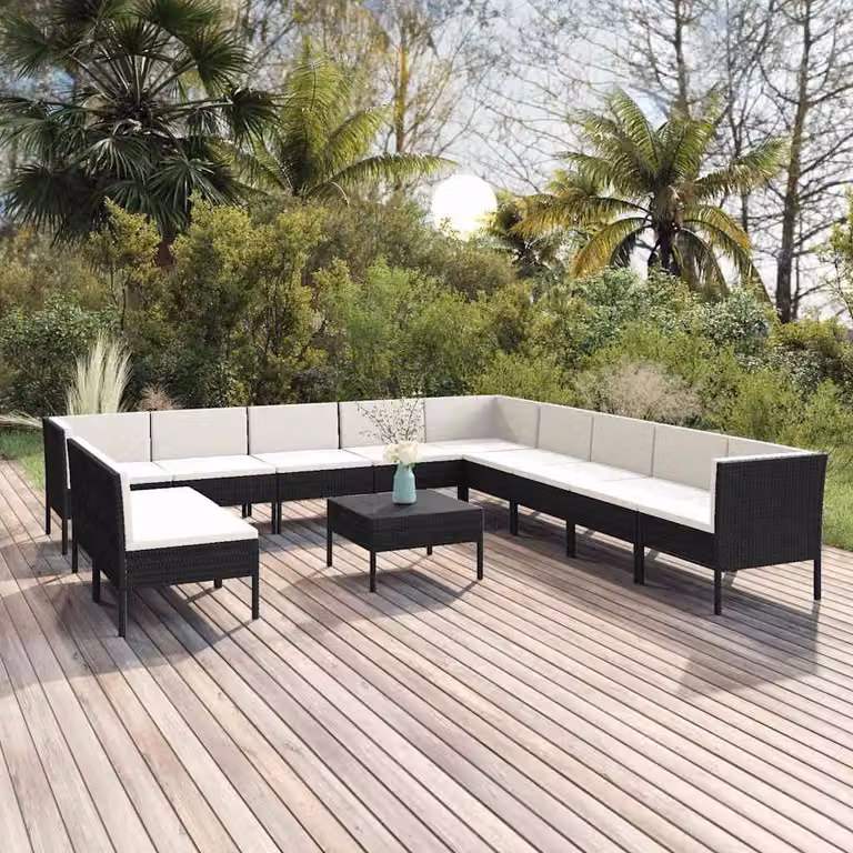 Set di divani da giardino vidaXL a forma di U con cuscini e tavolino da caffè, struttura in metallo e rattan, nero e bianco