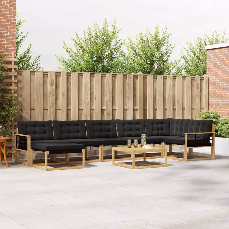 Set di divani da esterno vidaXL 8 pz in legno di acacia con cuscini bianchi e neri e tavolino da giardino