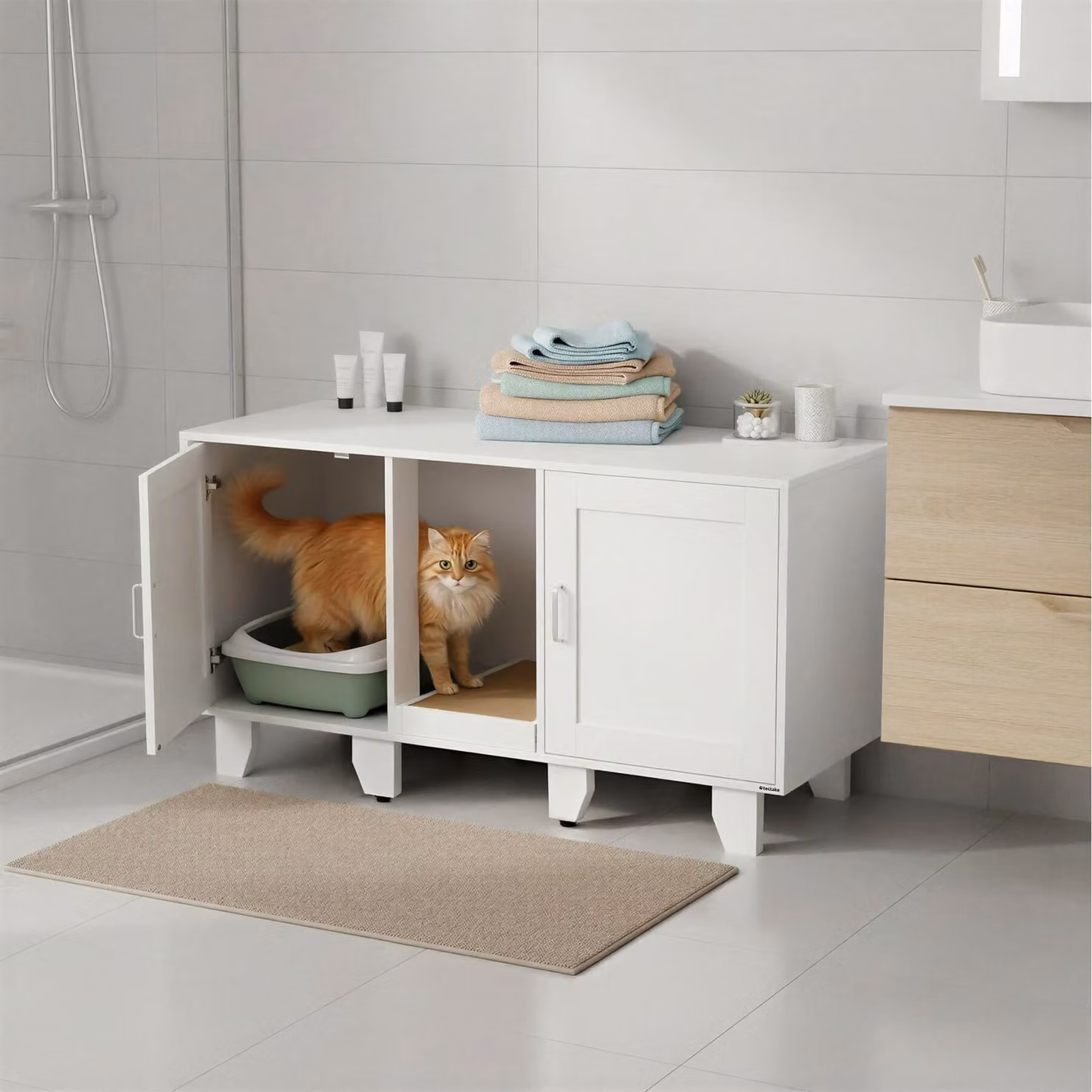 Armadio per gatti Freya tectake con ingressi nascosti e tappetino tiragraffi, bianco – 1
