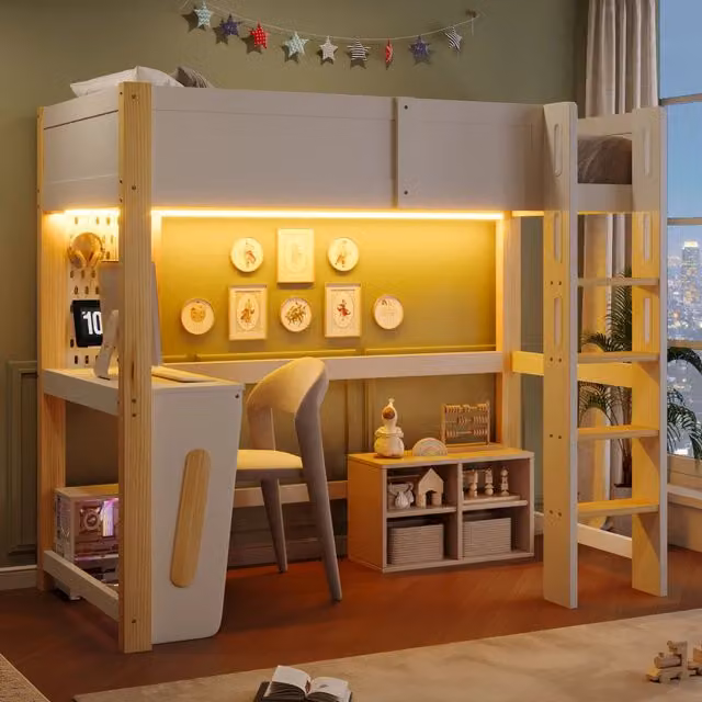 Letto a soppalco per bambini 90x200 cm, letto rialzato con scrivania integrata, pannello forato, illuminazione LED, pino, naturale e bianco