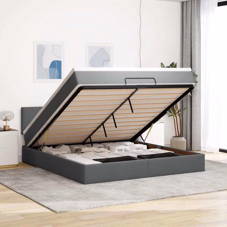 vidaXL Struttura Letto con Materasso e Contenitore a Sollevamento in Tessuto Grigio e Bianco L/P/H: 180 x 200 x 28 cm