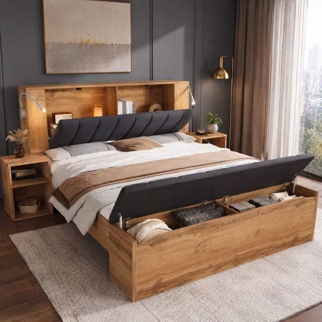 Letto matrimoniale ULEVR 160x200 cm con comodini, panca contenitore e luci da lettura USB, effetto rovere