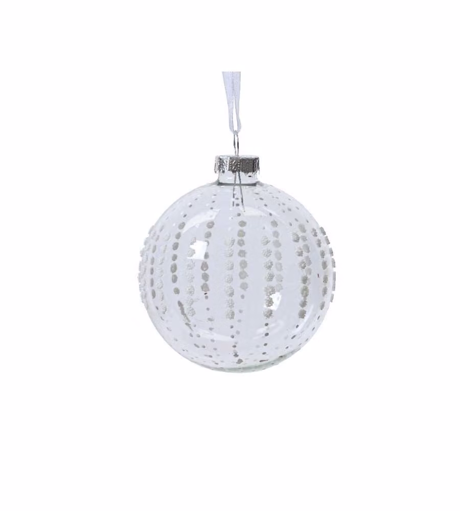 Sfera natalizia trasparente in vetro con perline bianche 8 cm
