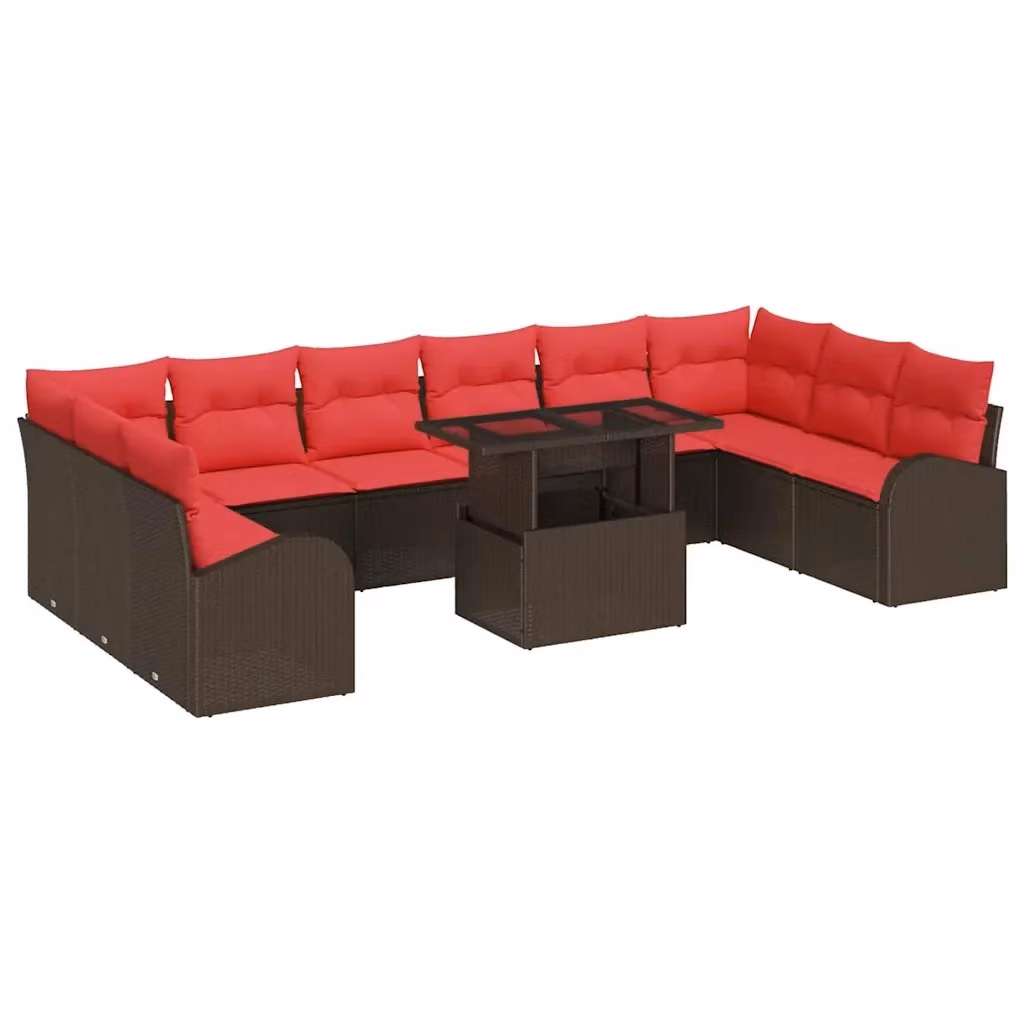 Set Divano da Giardino a Forma di U vidaXL 11 Pezzi Marrone e Rosso con Tavolino e Cuscini in Rattan e Metallo – 2