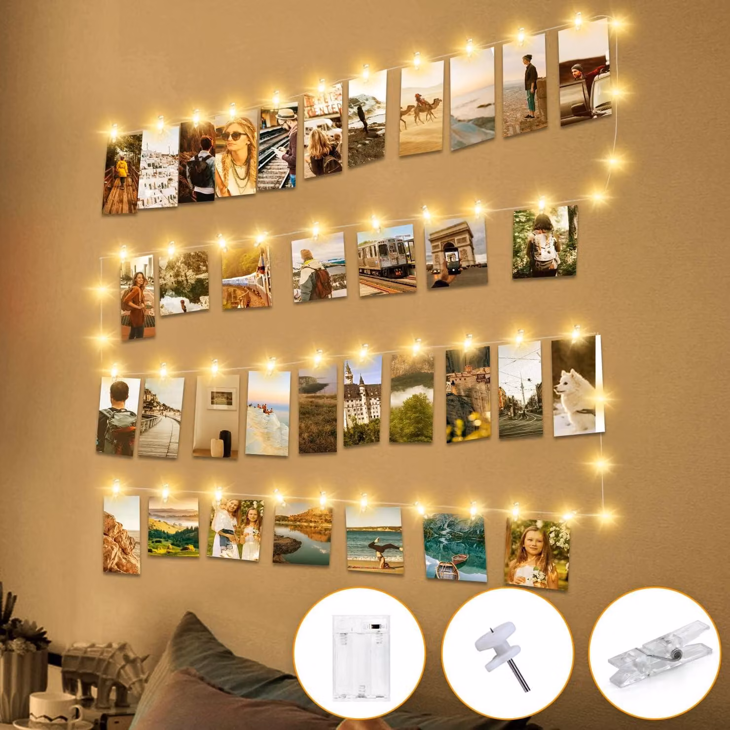 Catena luminosa a LED, 5 metri, 50 LED, 30 clip, timer, luce bianca calda