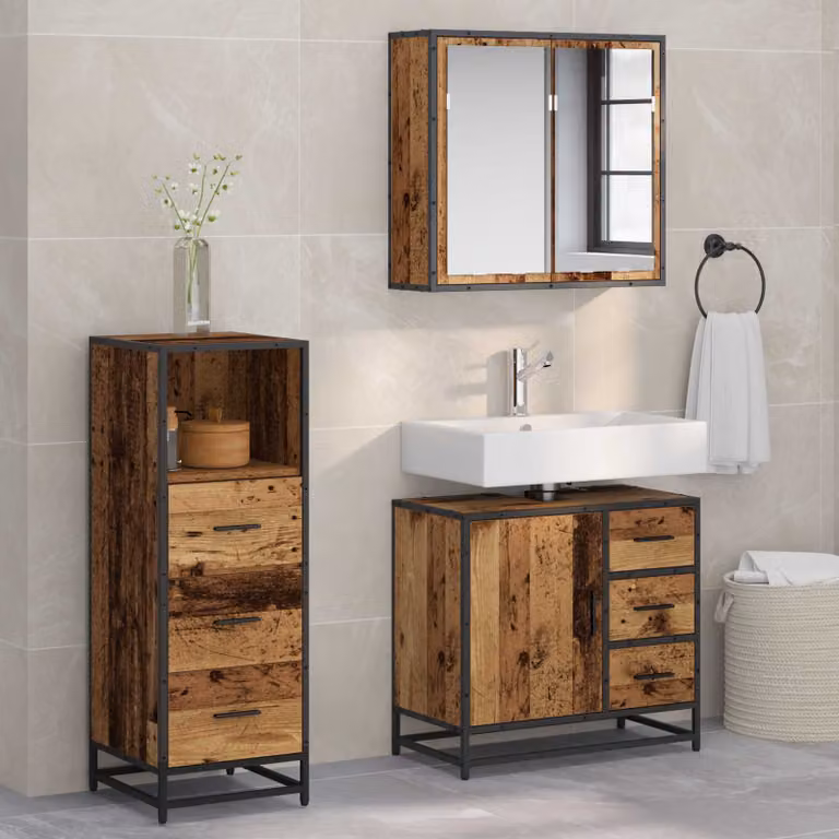 Set di mobili per il bagno moderno vidaXL in legno vecchio marrone composto da 3 pezzi con mobile lavabo, armadietto con specchio e mobile laterale