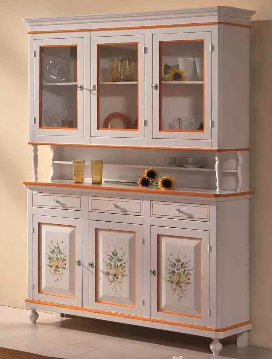 Cristalliera napoletana in legno con ante in vetro e decori floreali Mobili 2G L/P/H: 150 x 43 x 208 cm bianco e arancione – 2