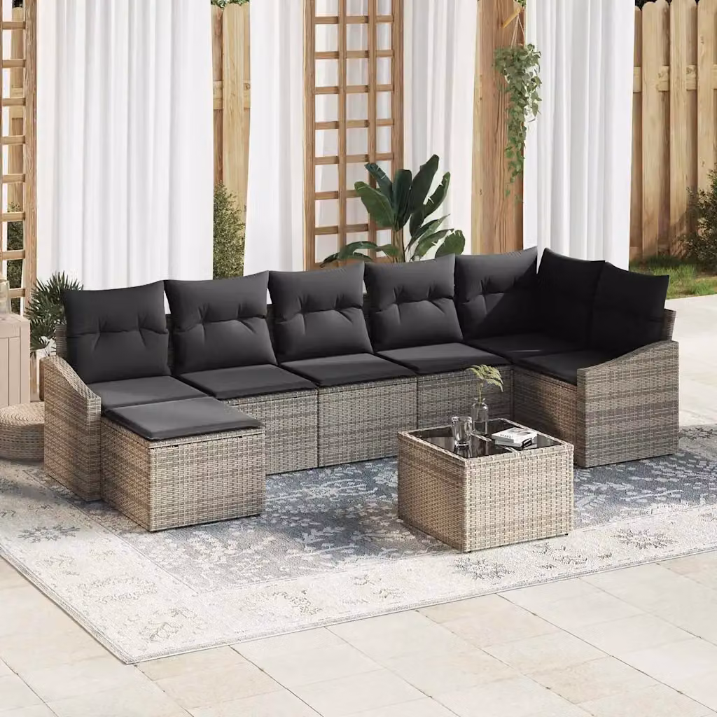 Set di divani da giardino vidaXL a forma di U in rattan grigio con cuscini e tavolino da caffè