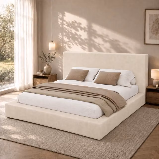 Letto imbottito matrimoniale ¨C Minimal ¨C Beige tessuto 160x200cm con rete a doghe testiera
