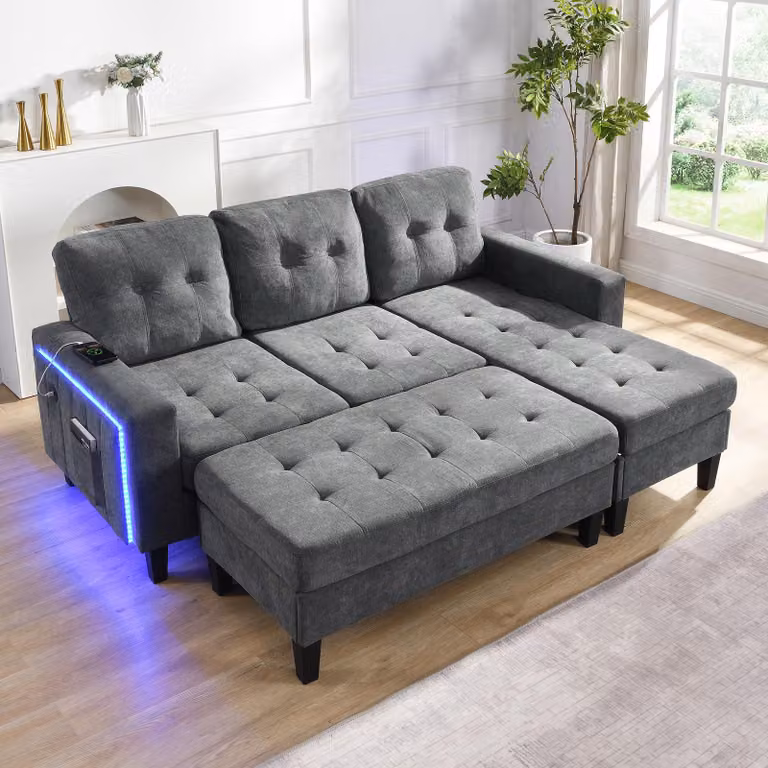 Divano letto Merax a L con illuminazione a LED, divano modulare in ciniglia con poggiapiedi mobile, divano a 3 posti con porta USB, divano letto, grigio antico