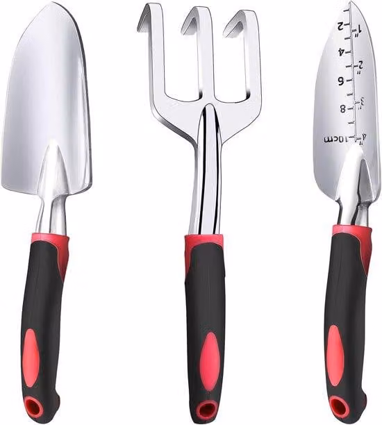 Set di attrezzi da giardino in alluminio, 3 pezzi, per uso intensivo, con pala da neve, pala intercambiabile e zappetta per la cura del giardino con impugnatura in gomma morbida. Ideale per gli amanti del giardinaggio.