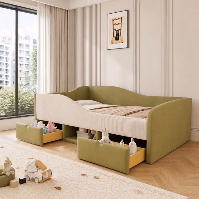 Letto imbottito REDOM in velluto verde e beige con 2 cassetti, L/P/H: 90 x 190 cm