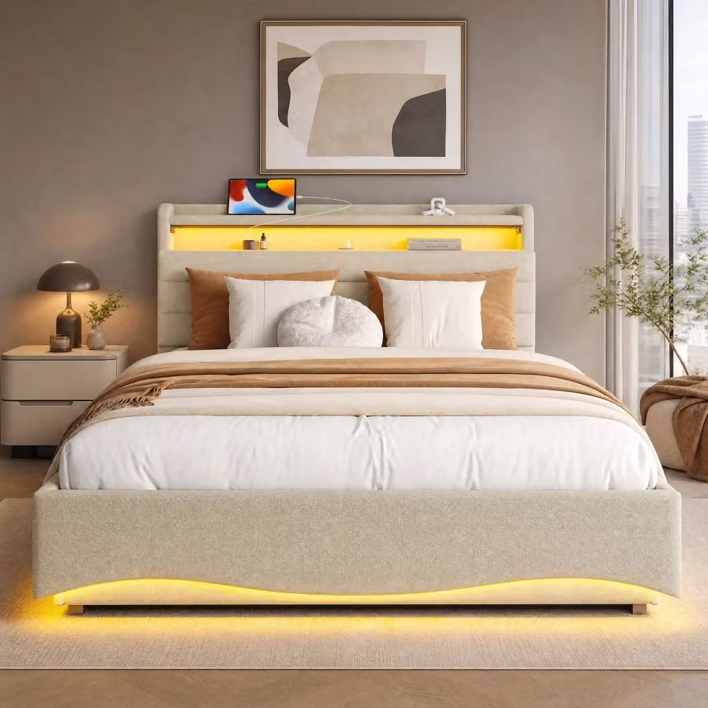 Letto imbottito Mivray con contenitore idraulico, illuminazione LED, porte USB e Type-C, rivestito in lino beige, L/P/H: 140 x 200 x 110 cm – 2