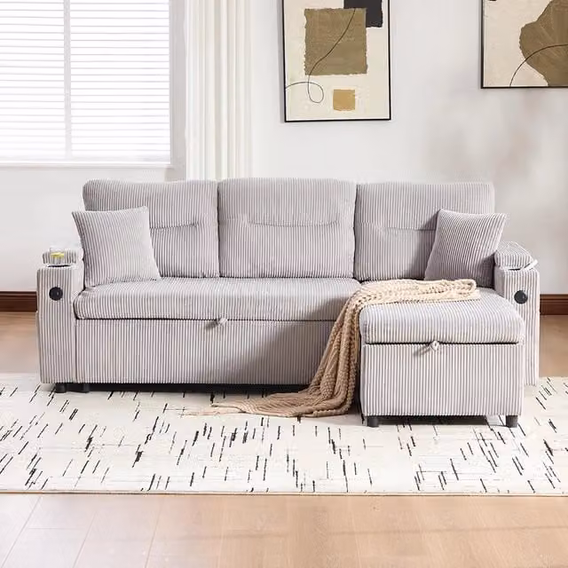 Divano moderno 3 posti - Xylo - Velluto costolato, spazio di archiviazione, porta bevande, USB-C, chaise longue idraulica, letto a cassetto