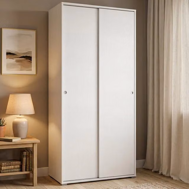 Armadio Guardaroba Alaysia DMORA con 2 ante scorrevoli e 4 ripiani, Mobile moderno bianco L 90 x P 45 x H 195 cm – 1
