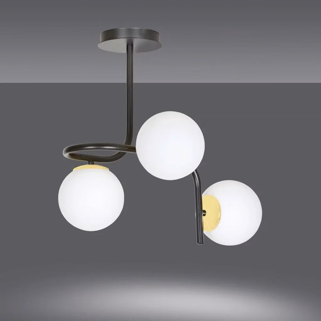 Lampadario a soffitto Luceart-Classic con 3 luci a bracci e sfere in vetro opalino bianco, finitura nero e oro – 2