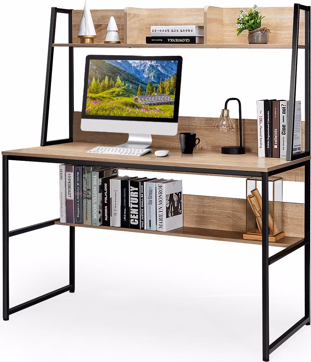 COSTWAY Scrivania con scaffale e libreria aperta, scrivania per computer in legno 120x57x140cm, natura
