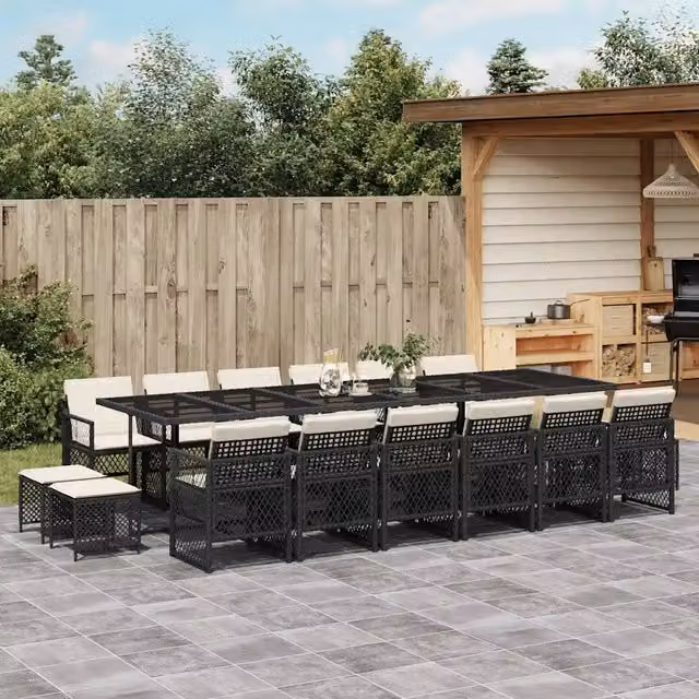 Set da pranzo da giardino vidaXL in polyrattan nero con cuscini bianchi e piano in vetro – 1