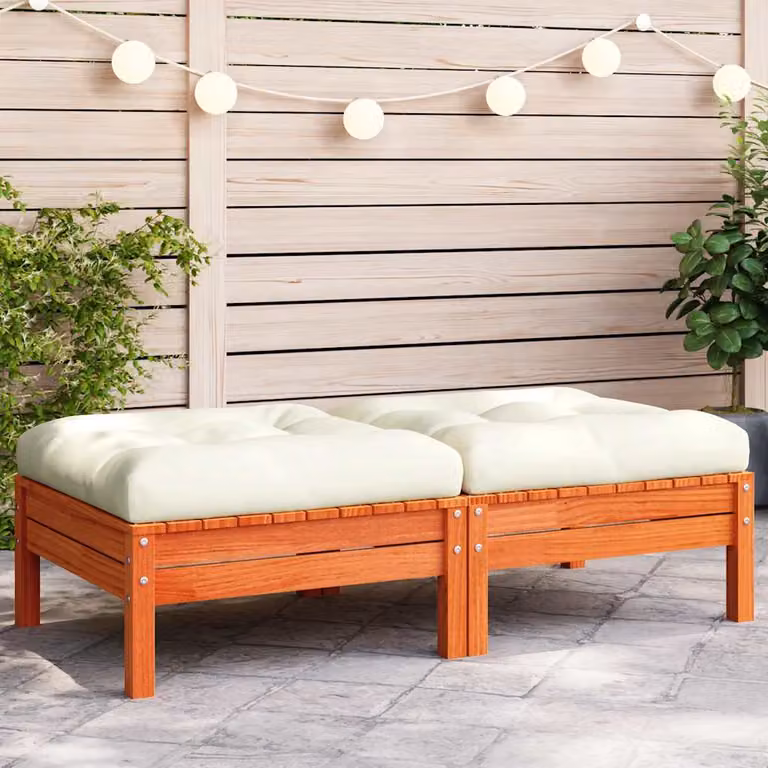 vidaXL Poggiapiedi da Giardino in Legno di Pino Cerato Marrone con 2 Cuscini Beige