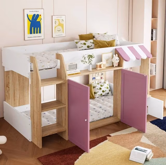 Letto a soppalco basso ULEVR 90x200 cm a forma di casa con scala ampia, vani con ante, bianco e rosa