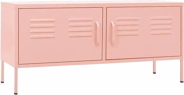 Mobile porta TV moderno in metallo rosa con vani portaoggetti e fori passacavi L: 105 cm, P: 35 cm, H: 50 cm