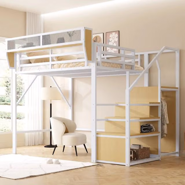 Letto a castello 140 x 200 cm con scala di sicurezza e vano contenitore flessibile, letto in metallo per adulti e bambini, Bianco
