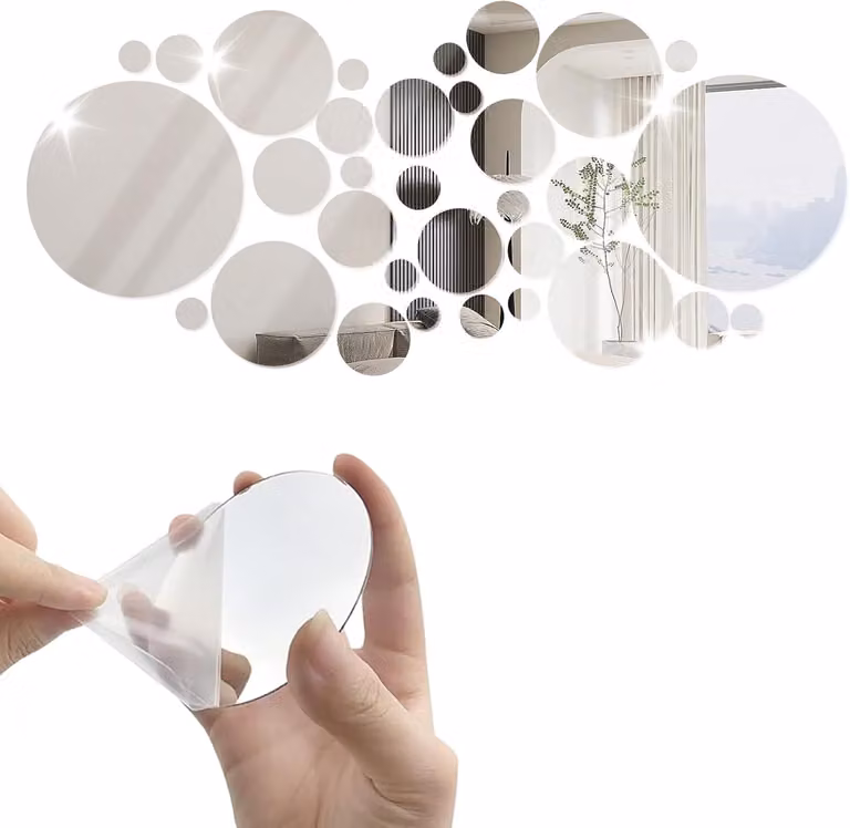 Specchi adesivi da parete, confezione da 32 pezzi, forma circolare, adesivi 3D, specchi adesivi per decorare le pareti, set di specchi acrilici da parete, specchi adesivi rotondi