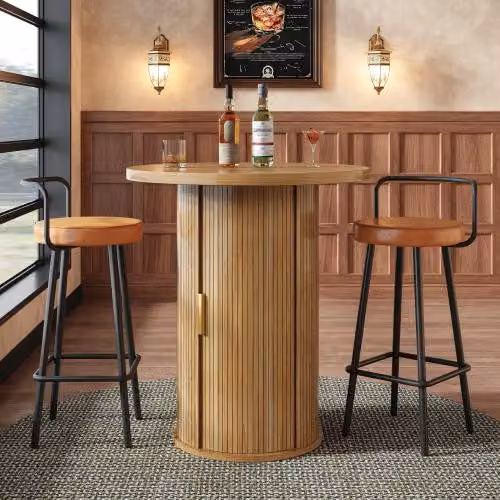 Tavolino da bar Flieks con vano portaoggetti, tavolino alto con armadietto, portata massima 75 kg, per bar e soggiorno, tavolo da pranzo rotondo 60x60x91,6 cm, color legno