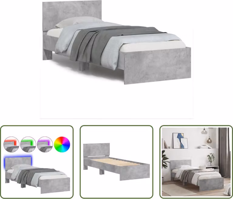 The Living Store Struttura letto con testiera e luci LED grigio cemento 90x190 cm